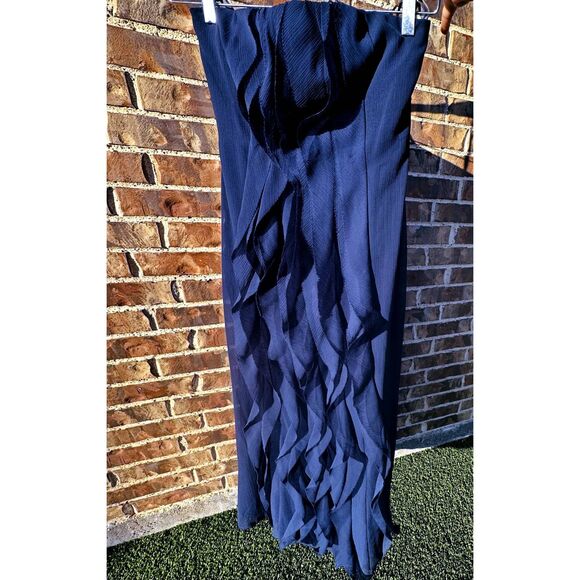 Vera Wang White Blue Crinkle Chiffon Strapless Bridesmaid Dress - Picture 1 of 9